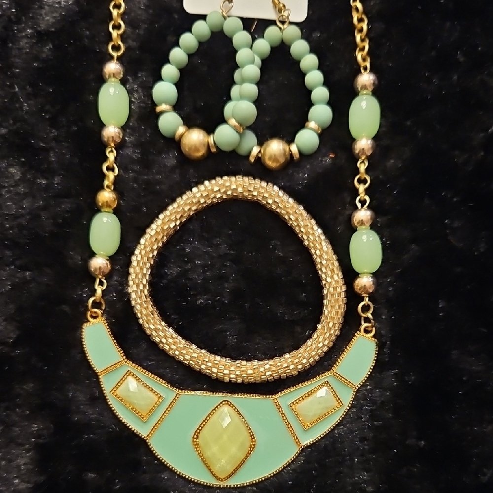 Gold and Mint Green Statement 19" Necklace Earring and Bracelet Set